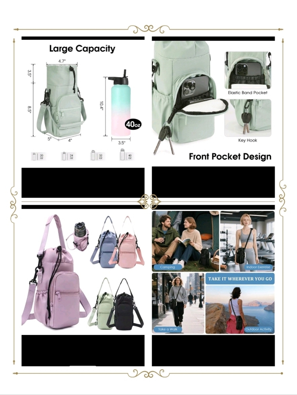 Multi-Pocket Crossbody Water Bottle Sling Bag - Pink - Picture 2 of 8